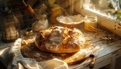 Un pane rustico appena sfornato su un tagliere di legno, circondato da farina e un coltello da cucina, con la calda luce dell'alba che entra da una finestra