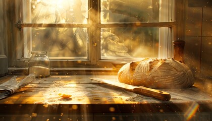 Un pane rustico appena sfornato su un tagliere di legno, circondato da farina e un coltello da cucina, con la calda luce dell'alba che entra da una finestra