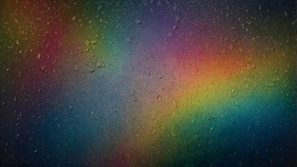 A wet metal surface with water droplets and scratches reflecting colorful iridescent tones, moody and abstract background color gradients