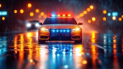 Rain-slicked city street, police car responding to emergency