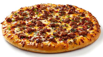 A homemade pizza with melted cheese and toppings isolated on white background.