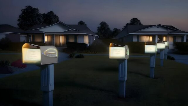 A peaceful suburban neighborhood at dusk with illuminated mailboxes lining the street, casting a warm glow on the quiet houses and lawn
