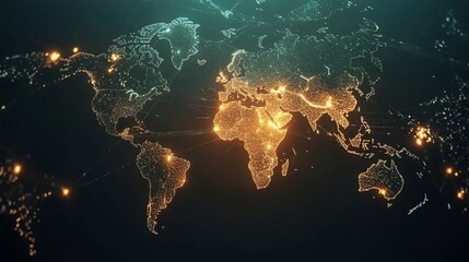 Obraz premium A glowing world map with network connections shows global data or technology connections