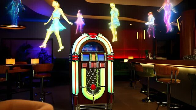 A vintage jukebox stands in a lively bar, with holographic dancers appearing above, showcasing a vibrant and nostalgic atmosphere filled with energy and joy