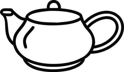 Simple line drawing, teapot outline, black and white illustration, minimalist design, rounded shape, curved spout, circular handle, smooth contours, single continuous line, clean graphic style, iconic