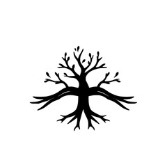 Majestic Tree of Life: Black and White Minimalist Botanical Illustration.  A symbolic artwork representing growth, nature, and life's journey.