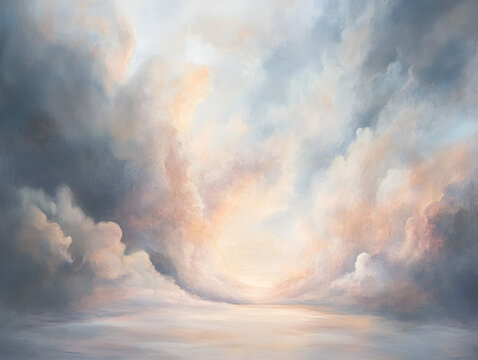Celestial Dreamscape: An ethereal painting of a breathtaking sky, filled with soft pastel hues of clouds and a warm, golden glow on the horizon.  The artwork evokes a sense of tranquility and wonder.