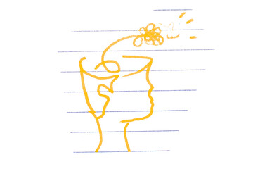 Yellow pencil drawing with ideas about mental health and psychotherapy.