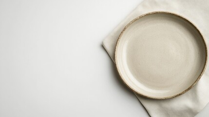 neutral-toned table setting featuring ceramic plate with natural edges accented by simple linen napkins