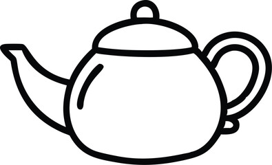 Simple line drawing, teapot outline, black and white illustration, minimalist design, rounded shape, curved spout, circular handle, smooth contours, single continuous line, clean graphic style, iconic
