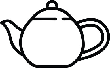 Simple line drawing, teapot outline, black and white illustration, minimalist design, rounded shape, curved spout, circular handle, smooth contours, single continuous line, clean graphic style, iconic