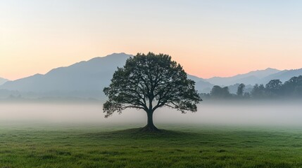 Solitary tree in misty sunrise meadow, mountains background; peaceful nature scene