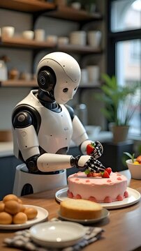 A friendly robot chef decorates a pink cake with fresh strawberries in a cozy kitchen filled with plants and baked goods, showcasing creativity and modern technology