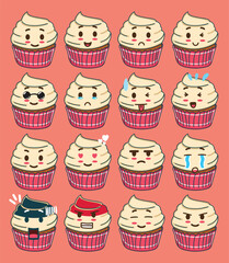 A cupcake illustration with various expressions set for emoji project, sticker,and  valentine's design element