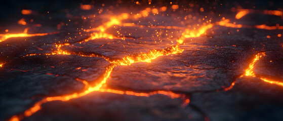 Fototapeta premium Molten lava flows, cracked ground, fiery background
