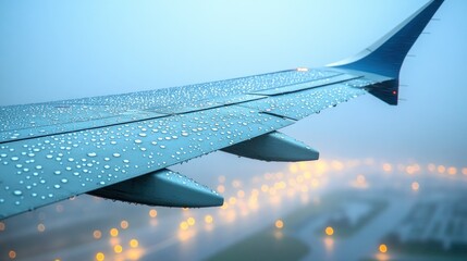 Rainy airplane wing, city lights, flight, travel