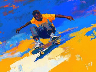 Dynamic Skateboarder in Fauvist Colors Urban Park Digital Art Vibrant Environment Aerial Perspective