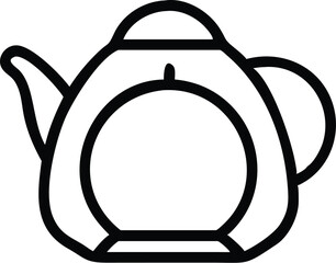 Simple line drawing, teapot outline, black and white illustration, minimalist design, rounded shape, curved spout, circular handle, smooth contours, single continuous line, clean graphic style, iconic