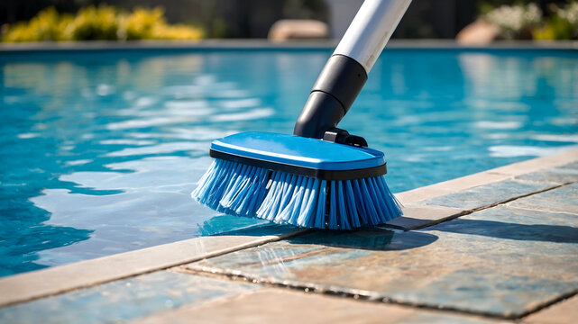 Pool cleaning brush submerged in clear water, capturing ripples and sunlight reflections near the pool edge, pool cleaning concept