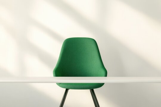 close-up of minimalist workspace featuring clean white desk paired with bold green desk chair under natural light