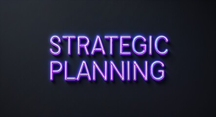 strategic planning word lettering with neon blue glow on plain black dark background