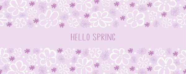 Hello  Spring. Trendy floral template with hand drawn spring flowers. Great for seasonal posters, greeting cards, banners or invitations.