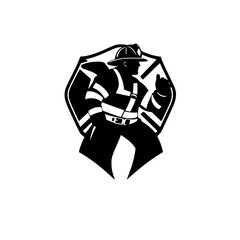 Firefighter Hero: A Bold Symbol of Courage, Rescue, and Emergency Response.  A powerful black and white vector graphic depicting a firefighter in action.