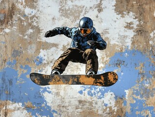 Snowboarder in Action Mountain Resort Artwork Snowy Landscape Dynamic Viewpoint Fauvist Style