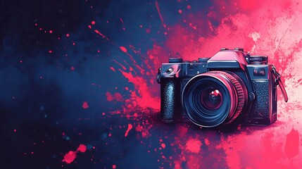 Vintage camera with vibrant splashes, abstract background