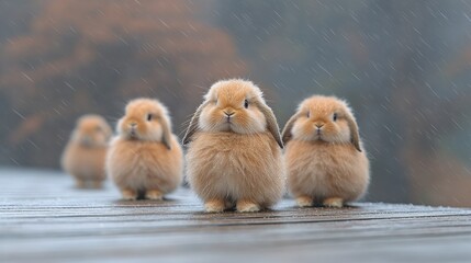 Rainy day bunnies on deck, autumn leaves falling