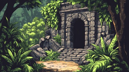 Ancient stone temple hidden in lush jungle, vibrant greenery surrounds, evokes mystery and adventure, ideal for exploration themes.