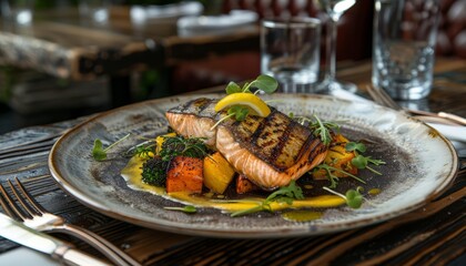 Un filetto di salmone alla griglia su un letto di verdure arrostite, guarnito con uno spicchio di limone e una salsa cremosa