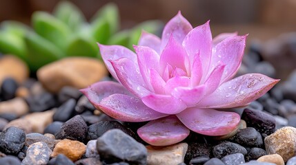 Fototapeta premium Pink succulent plant, rocks, garden, close-up, nature