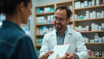 Man is smiling while talking to woman in pharmacy
