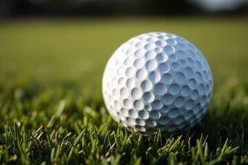 Obraz premium Golf ball resting on lush green grass, showcasing its dimples and smooth surface in sunlight.