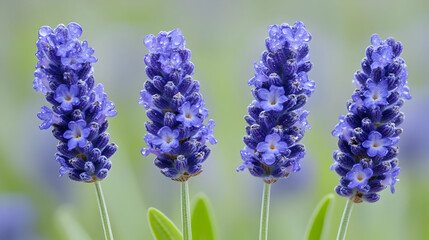 Obraz premium Four Lavender Blossoms, Dewdrops, Garden, Blurred Background, Aromatherapy