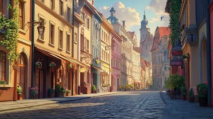 Obraz premium Sunlit cobblestone street, European city, morning, shops, tourism