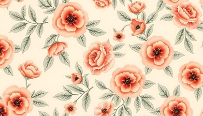 Peach Roses and Green Leaves Floral Pattern Design