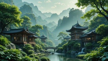 Serene Asian mountain valley temples, bridge, waterfall, misty background; travel poster