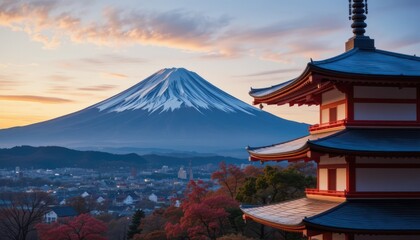Sunrise Fuji Pagoda Autumn Japan Landscape Travel