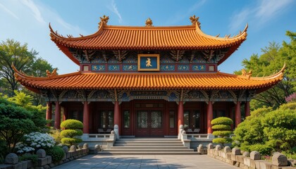 Fototapeta premium Asian temple facade, sunny day, tranquil garden, historical architecture
