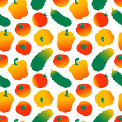 Seamless pattern with vegetables. Tomatoes, cucumbers, sweet peppers on a white background. Flat design. Repeating print for fabric, wrapping paper, textile, wallpaper