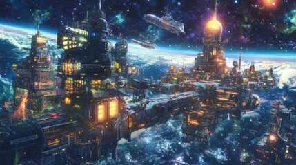 Fototapeta premium A bustling orbital city with glowing skyscrapers and interstellar ships docking nearby