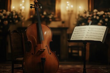 Elegant cello and sheet music in candlelit room