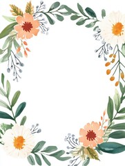 Obraz premium Watercolor floral frame with soft cream flowers and green leaves, perfect for romantic and elegant designs for Valentine's Day and special occasions..