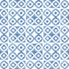 Tile seamless watercolor pattern. Blue and white patchwork style ornament. Hand made paint on paper. Print for textiles.