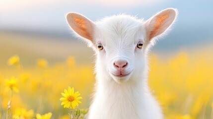 Fototapeta premium Adorable white baby goat in yellow flower field