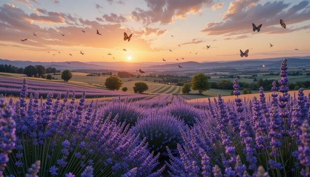 Sunrise over lavender fields, butterflies flying, serene landscape