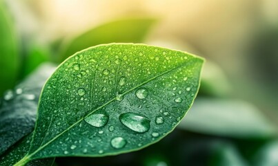 Fototapeta premium Eco-Friendly Concept: CO2 Reduction on Green Leaf with Water Droplets Representing Carbon Footprint Reduction, Bio Circular Green Economy, and Limiting Global Warming from Climate Change, 