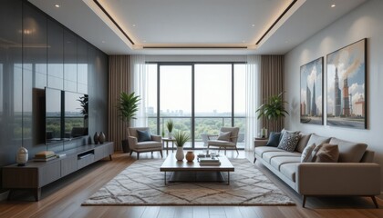 Modern living room, city view, spacious interior, relaxation